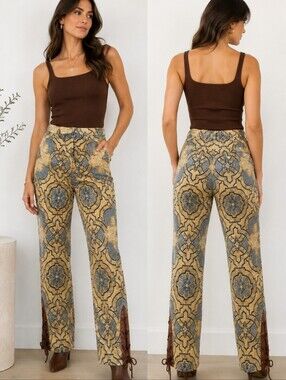 Vintage Tibi Y2K Tapestry Jacquard Wool Blend Pants Leather Lace Up Trim Size 4
